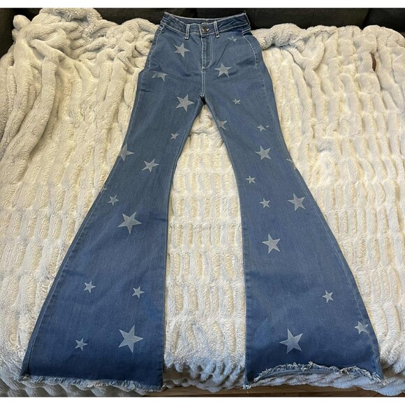 Nasty Gal Denim - Nasty Gal Jeans Womens 6 Long Blue Stars Flare Bell Bottom Medium Wash High Rise